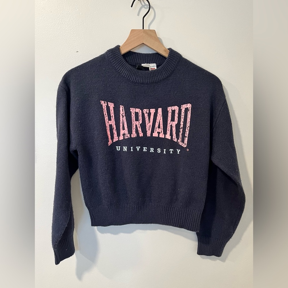 H&M Navy Crewneck Sweater with Pink Harvard Print